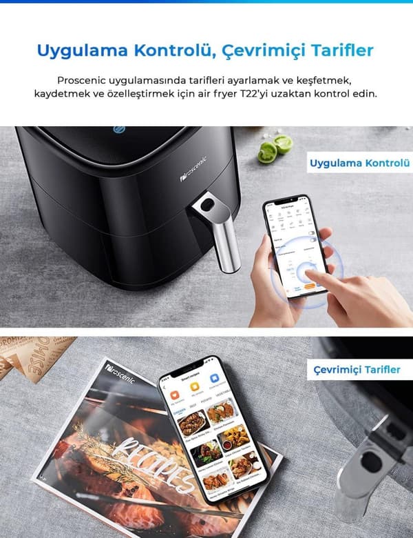 Proscenic T22 ilmakeitin, tilavuus 5L, sovelluksella, Alexa ja kosketusnäyttö, 11 esiasetettua ohjelmaa, hiljainen