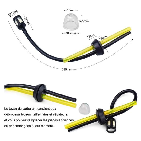 TD Röjsåg bränsleslang längd 22cm universal bränslefiltersats svart/gul bränsleslang för röjsåg