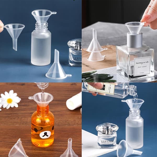 30 miditer i gennemsigtig plast. Velegnet til flasker, påfyldning af laboratorievæsker, æteriske olier, sandmaling, parfume osv.