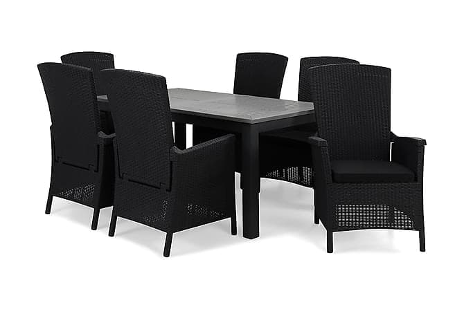 MONACO Bord 152 Svart + 6 VERMONT Lenestol Antrasitt Pute Sv