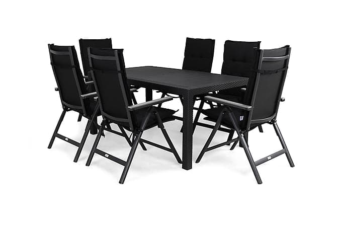 MELODY Bord 160x64 Svart + 6 MONACO LIGHT Stol Grå m Pute