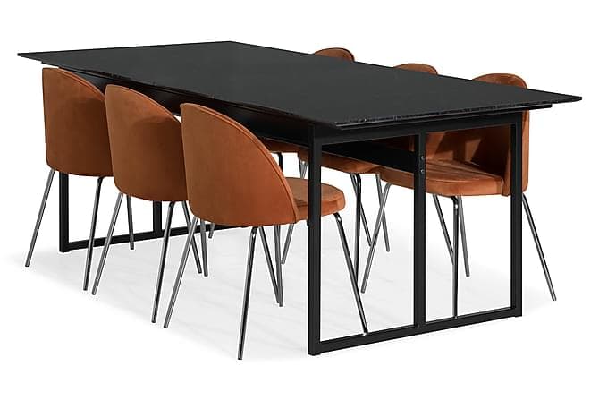 CARRIE Bord Marmor Svart+6 SANDRO Stol Floyel Oransje/Krom