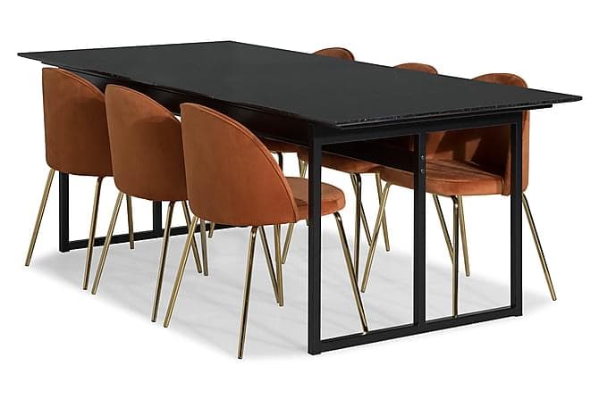 CARRIE Bord Marmor Svart+6 SANDRO Stol Floyel Oransje/Messin