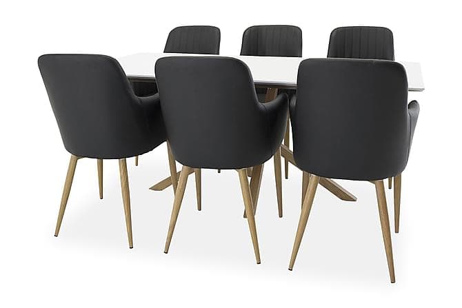 CALDAS Bord 180 Hvit/Eik + 6 LEE Karmstol Svart/Eik