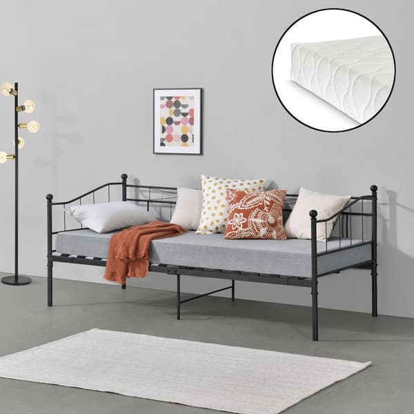 [en.casa] Sängstomme Arjeplog i metall inkl. madrass och ribbotten-209,5x95x90,5cm-Madrass: 200x90cm-pulverlackerat stål-svart matt-reptålig