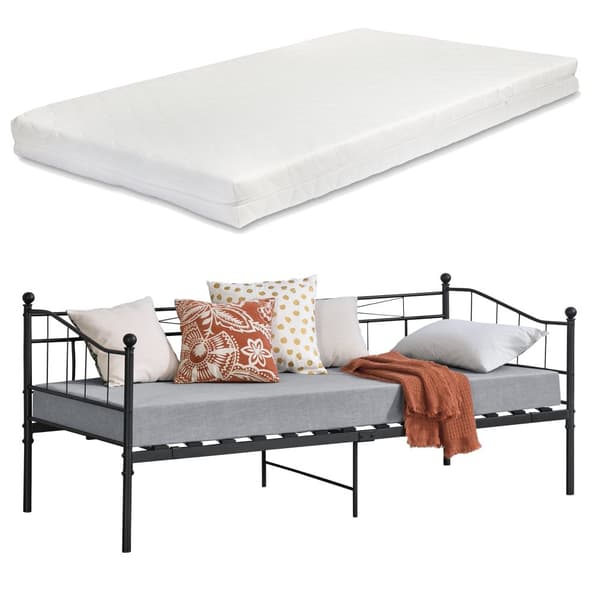 [en.casa] Sängstomme Arjeplog i metall inkl. madrass och ribbotten-209,5x95x90,5cm-Madrass: 200x90cm-pulverlackerat stål-svart matt-reptålig