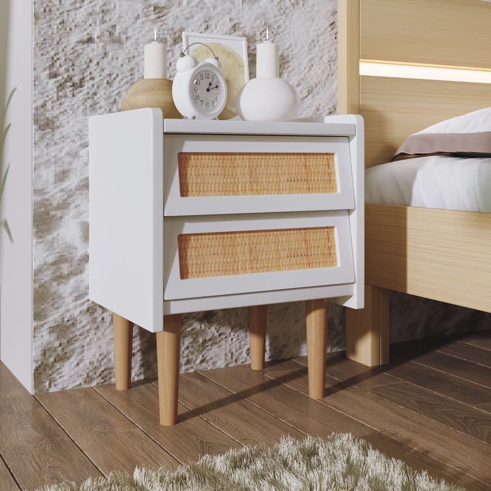 Sidbord, Nattduksbord med 2 lådor Naturrotting, Lådfronter i rotting, Matchande soffbord -1st