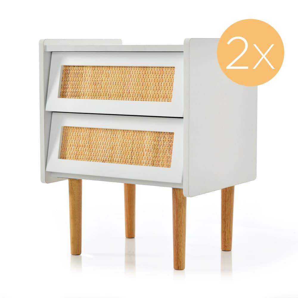 2st sängbord, nattbord med 2 lådor, naturrotting, lådfronter av rottingväv, soffbord