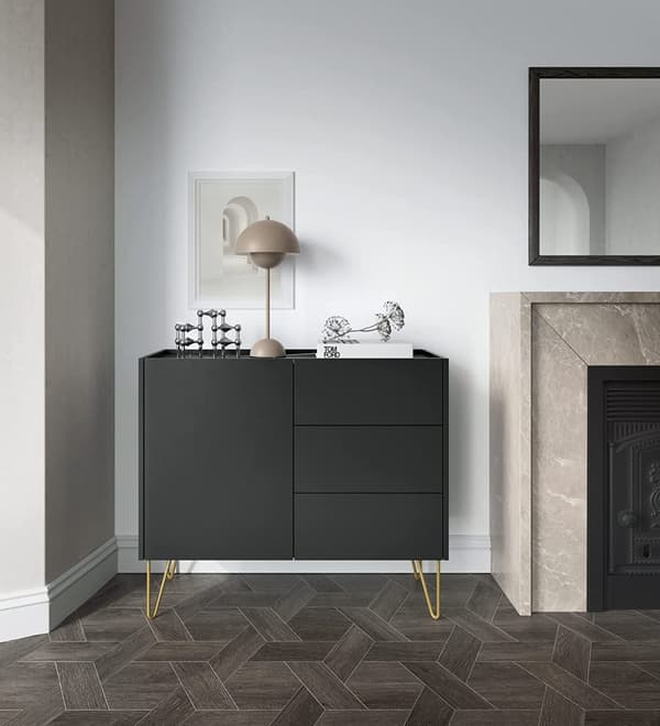 Midnight Marble lipasto grafiitinmustana, 3 laatikkoa ja MDF-toppi mustaa kuninkaallista marmoria