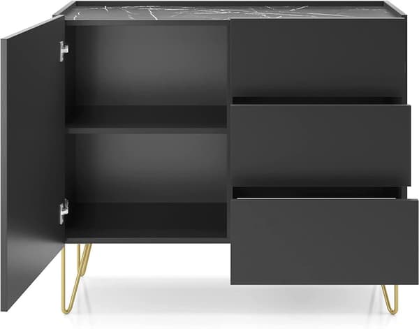 Midnight Marble lipasto grafiitinmustana, 3 laatikkoa ja MDF-toppi mustaa kuninkaallista marmoria
