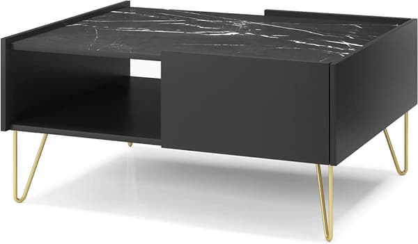Graphite musta tyylikäs Midnight Marble sohvapöytä, jossa on luonnonpuurakenne ja kuninkaallinen musta marmoriyläosa