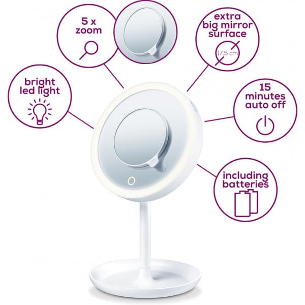 Beurer BS 45 makeup spejl, 17,5 cm, med LED-lys og forstørrelses spejl, batteridrevet