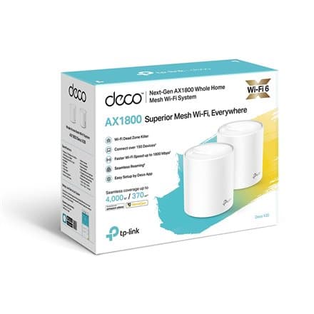 AX1800 Whole Home Mesh Wi-Fi 6 System | Deco X20 (2-pack) | 802.11ax | 1201+574 Mbit/s | 10/100/1000 Mbit/s | Ethernet LAN (RJ-45) ports 2 | Mesh Supp Hvit