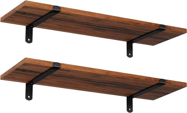 Vägghyllor sett med 2, flytande hyllor, pyntegjenstander, retrostil, maks belastning. 15 kg/enhet, 60 x 20 x 7 cm, brun MDF og svart LWS04NB