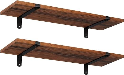 Vägghyllor sett med 2, flytande hyllor, pyntegjenstander, retrostil, maks belastning. 15 kg/enhet, 60 x 20 x 7 cm, brun MDF og svart LWS04NB
