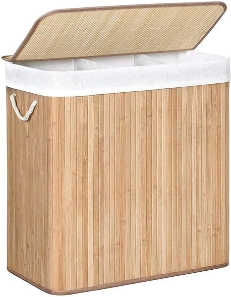 Smutsig tvättkorg med 3 fack, 150 l papperskorg, sorteringsfack, med handtag, lock med repor, vikbar, tvätt, hushåll, tvättstuga, träfärg LCB091N01