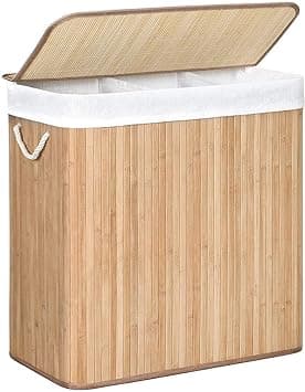 Smutsig tvättkorg med 3 fack, 150 l papperskorg, sorteringsfack, med handtag, lock med repor, vikbar, tvätt, hushåll, tvättstuga, träfärg LCB091N01