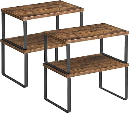 kryddhyllor, uppsättning med 4, kökshyllor, utbyggbar köksarrangör, pinottava, gjord av metal and spånskiva, hyllinsats, köksskåp, kök, vintagebrun-sv