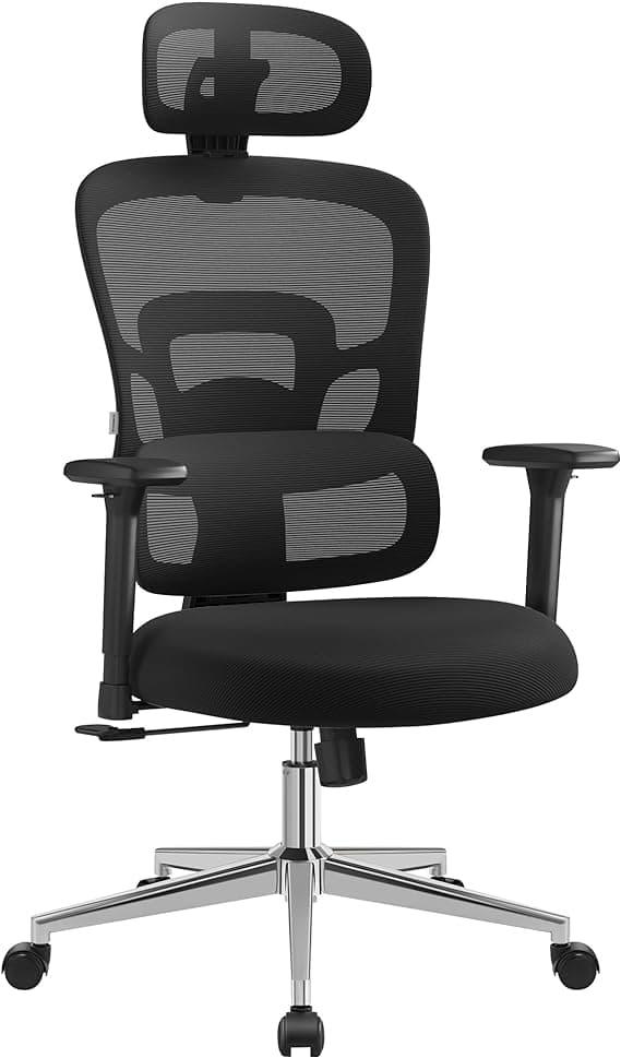 Kontorstol Ergonomisk skrivebordsstol Høy rygg Datastol Høydejusterbar korsryggstøtte Justerbar nakkestøtte Armlener Hjemmekontor blekk Svart OBN070B