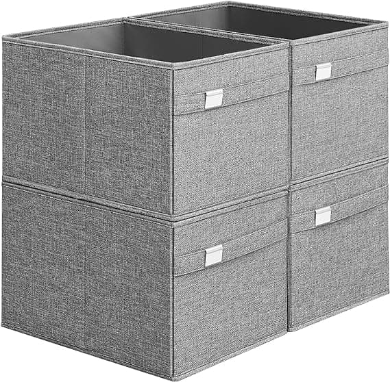 Úložný box, sada 4 ks, umývateľné organizérske boxy, 40 x 30 x 25 cm, 2 rúčky, skladací, látka Oxford a imitácia ľanu, ľahko sa čistí, kovový držiak