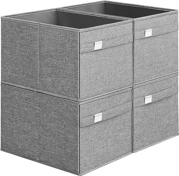 Úložný box, sada 4 ks, umývateľné organizérske boxy, 40 x 30 x 25 cm, 2 rúčky, skladací, látka Oxford a imitácia ľanu, ľahko sa čistí, kovový držiak