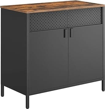 Opbevaringsskab, metalskab, med dobbeltdør, magnetlukning, justerbar hylde, stålramme, vintage brun-sort LSC102B01