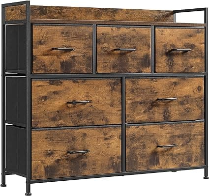 Kommode Skap Oppbevaringsskap 7 skuffer Stoff med håndtak Metallramme Industriell stil Rustikk Brun og Svart LTS137B01