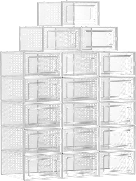 Skoesker, sett med 18, plastskoholder, sammenleggbar og stabelbar, for sko opp til størrelse 44, transparent-hvit LSP18SWT