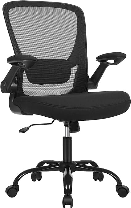 Kontorstol, skrivebordsstol, svingstol med nettingbelegg, ergonomisk, polstret korsryggstøtte, vippefunksjon, 53 cm sete, sammenleggbare armlener, sor