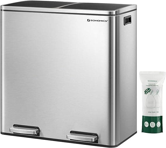 Søppelbøtte, 2 x 30 liter, 2 rom, avfallssepareringssystem, pedalbeholder, kjøkkenavfallsbeholder, 15 søppelsekker, metall, innerbeholder av plast, he