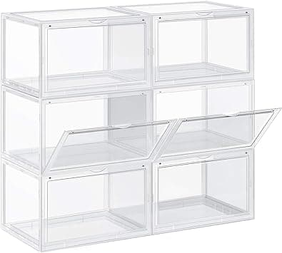 Skoesker, sett med 6, stablebare skoholdere, plastbokser med klar dør, skooppbevaring, for sko opp til størrelse 46, 28 x 36 x 22 cm, gjennomsiktig LS