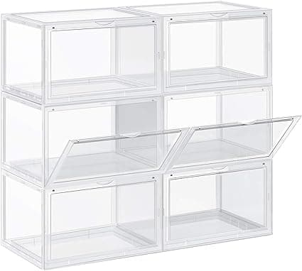 Skoesker, sett med 6, stablebare skoholdere, plastbokser med klar dør, skooppbevaring, for sko opp til størrelse 46, 28 x 36 x 22 cm, gjennomsiktig LS