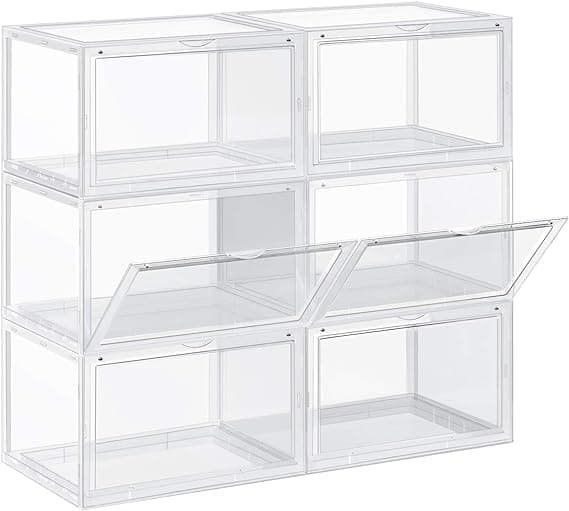 Skoesker, sett med 6, stablebare skoholdere, plastbokser med klar dør, skooppbevaring, for sko opp til størrelse 46, 28 x 36 x 22 cm, gjennomsiktig LS