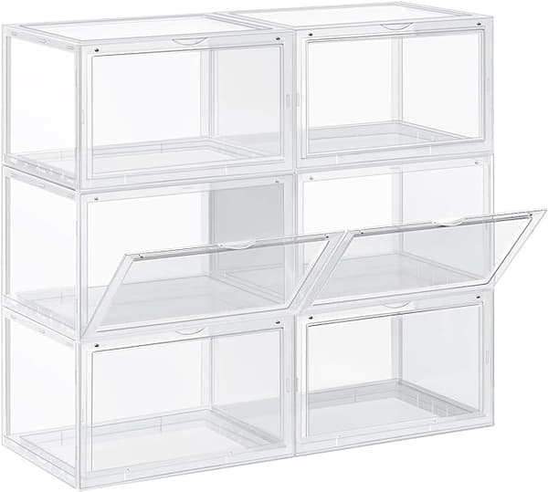 Skoesker, sett med 6, stablebare skoholdere, plastbokser med klar dør, skooppbevaring, for sko opp til størrelse 46, 28 x 36 x 22 cm, gjennomsiktig LS