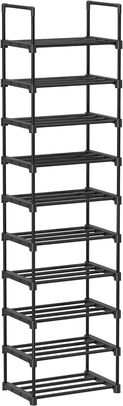 10-lags skostativ Åpent skoskap Høyt slankt skostativ Metall Skooppbevaring Plassbesparende omkledningsrom Gang 30 x 45 x 174 cm Svart LSA25BK