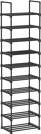 10-lags skostativ Åpent skoskap Høyt slankt skostativ Metall Skooppbevaring Plassbesparende omkledningsrom Gang 30 x 45 x 174 cm Svart LSA25BK