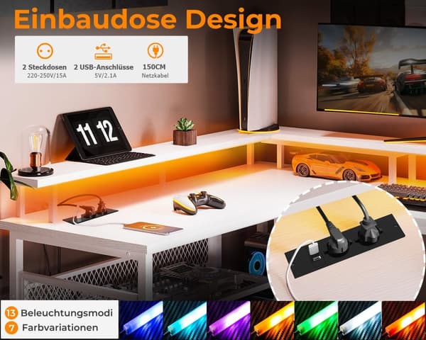 Pelipöytä LED USB Valkoinen 150×102cm