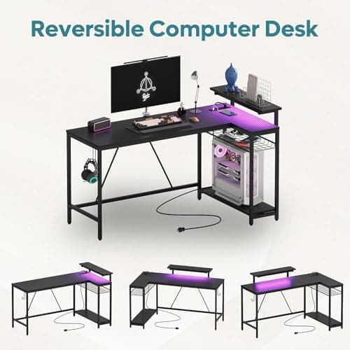 Pelipöytä L-Shape LED 2xUSB 3xAC 147cm