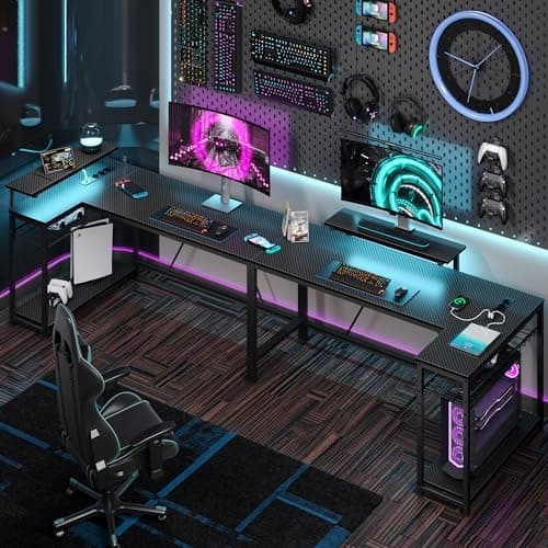 Pelipöytä L-Shape LED 2xUSB 3xAC 147cm