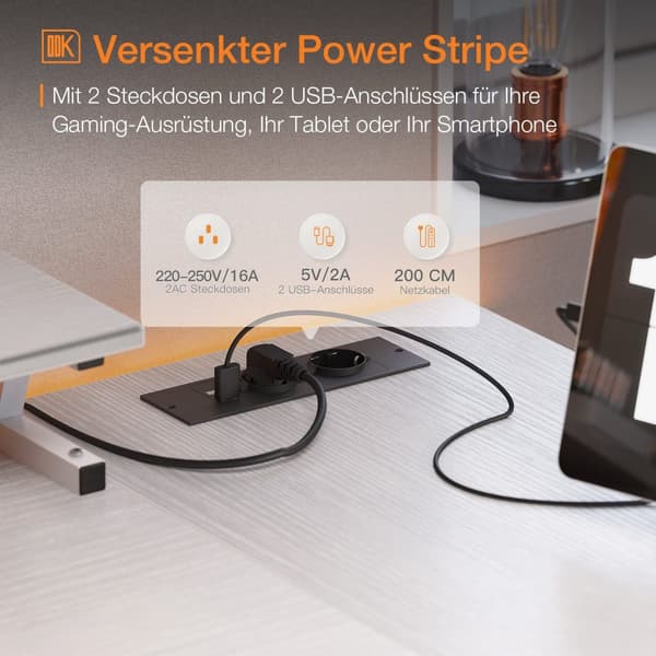 Pelipöytä USB+AC Valkoinen 120 cm