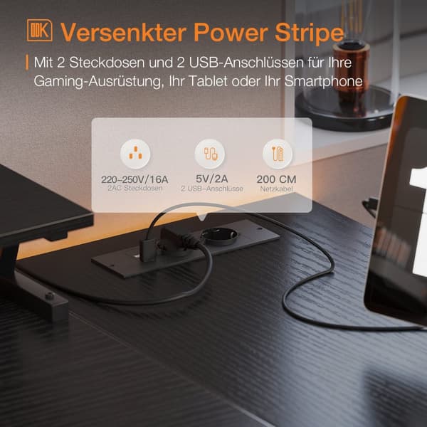 Pelipöytä USB+AC Musta 120 cm