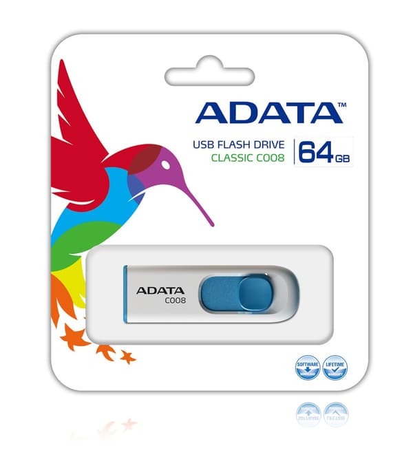 ADATA FLASHDRIVE C008 64GB USB 2.0 VALKOINEN&SININEN
