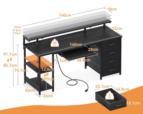 Kirjoituspöytä USB/AC Musta 140cm