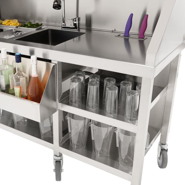 Mobil barstation i rustfrit stål | 150cm(B)​x 55cm(D) x 117,2cm(H) | 62L isbeholder, indbygget vask, magnetisk tavle og opbevaring | Perfekt til barer