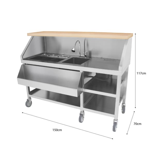 Mobil barstation i rustfrit stål | 150cm(B)​x 55cm(D) x 117,2cm(H) | 62L isbeholder, indbygget vask, magnetisk tavle og opbevaring | Perfekt til barer