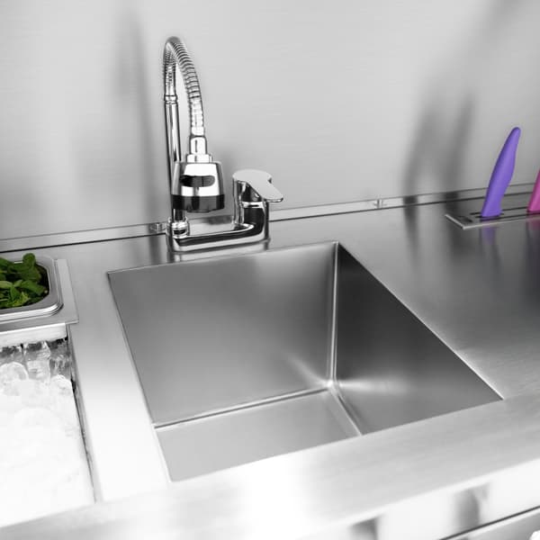 Mobil barstation i rustfrit stål | 150cm(B)​x 55cm(D) x 117,2cm(H) | 62L isbeholder, indbygget vask, magnetisk tavle og opbevaring | Perfekt til barer