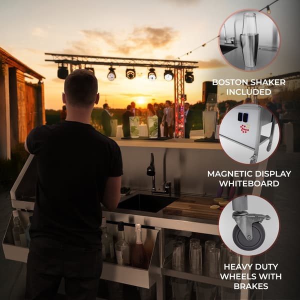 Mobil barstation i rustfrit stål | 150cm(B)​x 55cm(D) x 117,2cm(H) | 62L isbeholder, indbygget vask, magnetisk tavle og opbevaring | Perfekt til barer