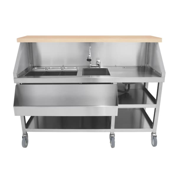 Mobil barstation i rustfrit stål | 150cm(B)​x 55cm(D) x 117,2cm(H) | 62L isbeholder, indbygget vask, magnetisk tavle og opbevaring | Perfekt til barer