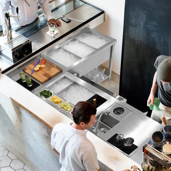 Cocktailstationer: Modulär enhet eller set med isbrunn och arbetsstation | Rostfritt stål | Alternativ med Tap and Speed ​​​​Rail | Stänkskydd | Juste