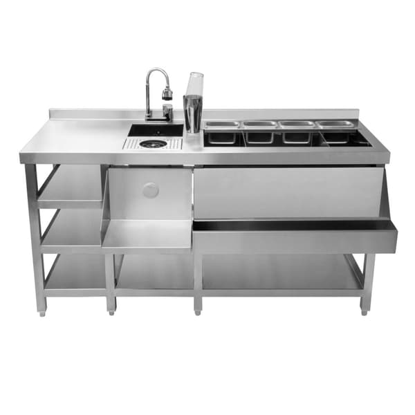 Cocktailstationer: Modulär enhet eller set med isbrunn och arbetsstation | Rostfritt stål | Alternativ med Tap and Speed ​​​​Rail | Stänkskydd | Juste